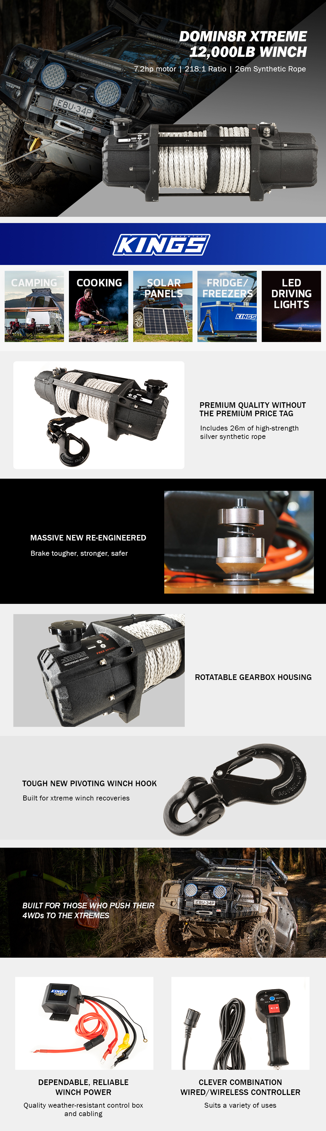 Kings Domin8R 4WD Xtreme 12000lb Winch Rope Boat Wireless Remote 4x4